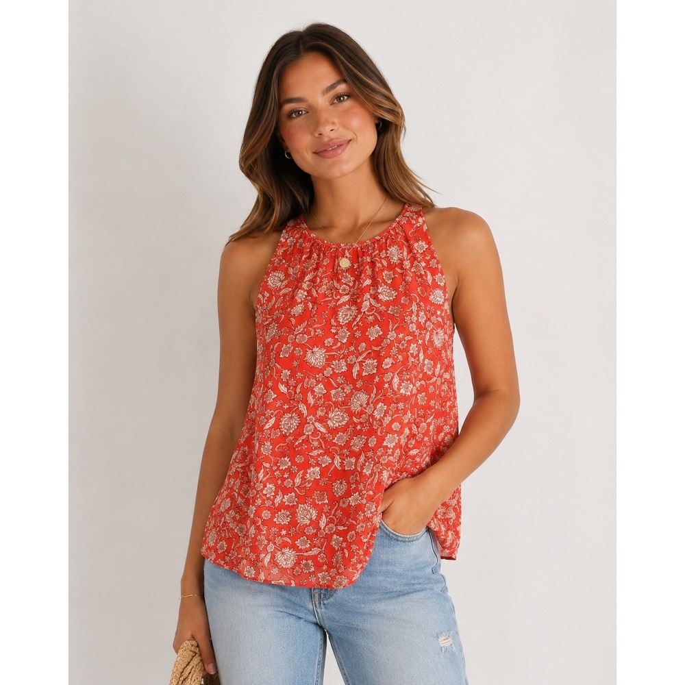 Vince Camuto Red Floral Paisley High Neck Halter Blouse Large 9131040